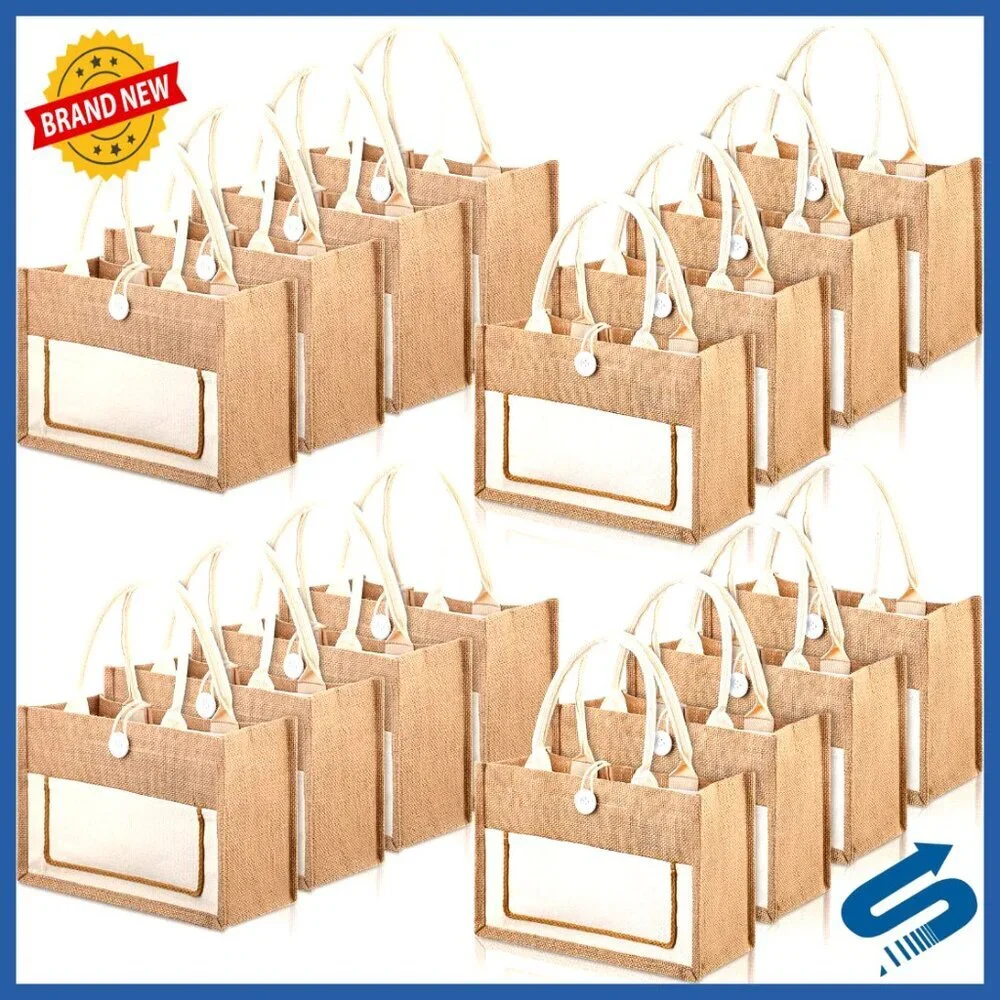 Jute Burlap Tote Bags Reusable Beach Grocery Shopping Totes Classic Style
